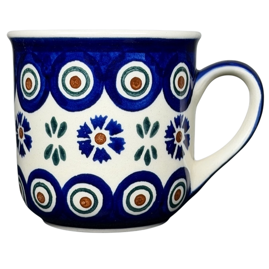 Polish Pottery Boleslawiec Floral Circle Dot Mug in Blue and White with Vibrant Floral Patterns