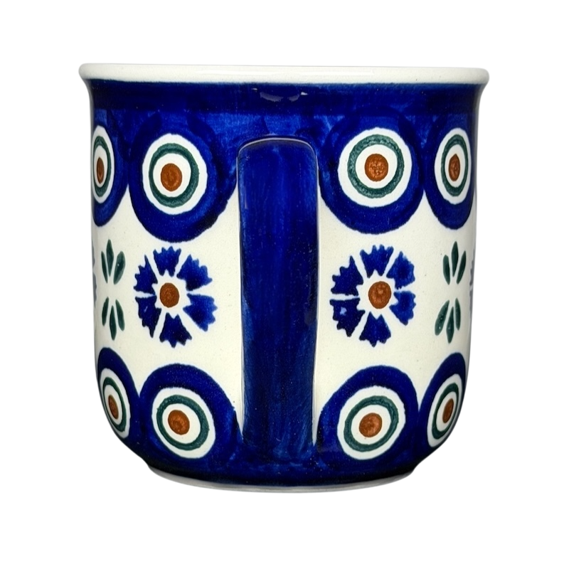 Polish Pottery Boleslawiec Floral Circle Dot Mug featuring vibrant blue and floral designs