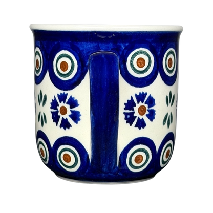 Polish Pottery Boleslawiec Floral Circle Dot Mug featuring vibrant blue and floral designs