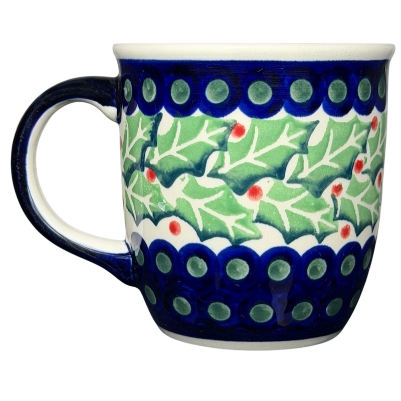 Polish Pottery Boleslawiec Holly Berry Christmas Mug with festive holly design in vibrant colors
