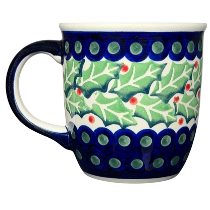 Polish Pottery Boleslawiec Holly Berry Christmas Mug with festive holly design in vibrant colors