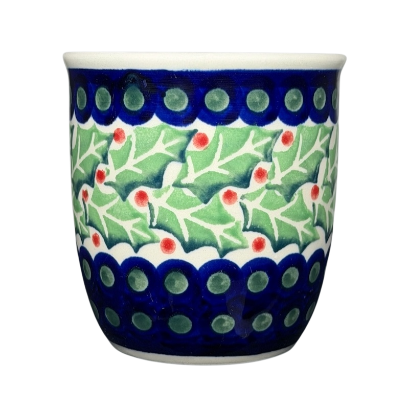 Polish Pottery Boleslawiec Holly Berry Christmas Mug with intricate holly and berry design in vibrant colors