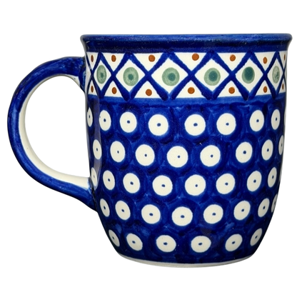 Polish Pottery Boleslawiec Polka Dot Diamond Mug in Blue and White with Unique Pattern