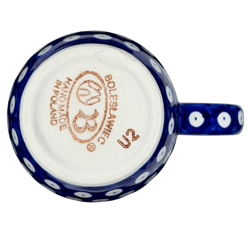 Top view of Polish Pottery Boleslawiec Polka Dot Diamond Mug showcasing the unique blue and white design