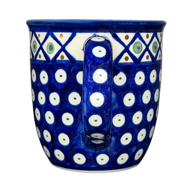 Polish Pottery Boleslawiec Polka Dot Diamond Mug in Blue with White Dots and Unique Design