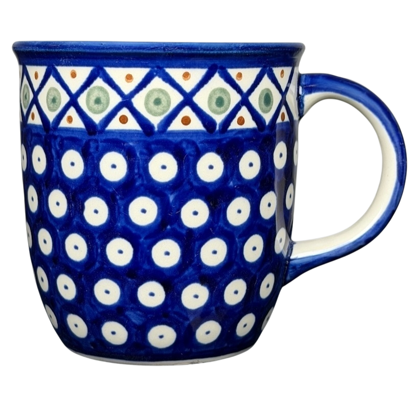 Polish Pottery Boleslawiec Polka Dot Diamond Mug in Blue with White Dots for Coffee or Tea