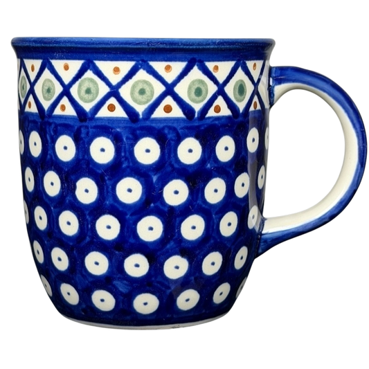 Polish Pottery Boleslawiec Polka Dot Diamond Mug in Blue with White Dots for Coffee or Tea