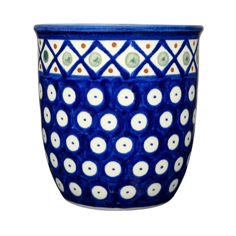 Polish Pottery Boleslawiec Polka Dot Diamond Mug in vibrant blue with intricate designs