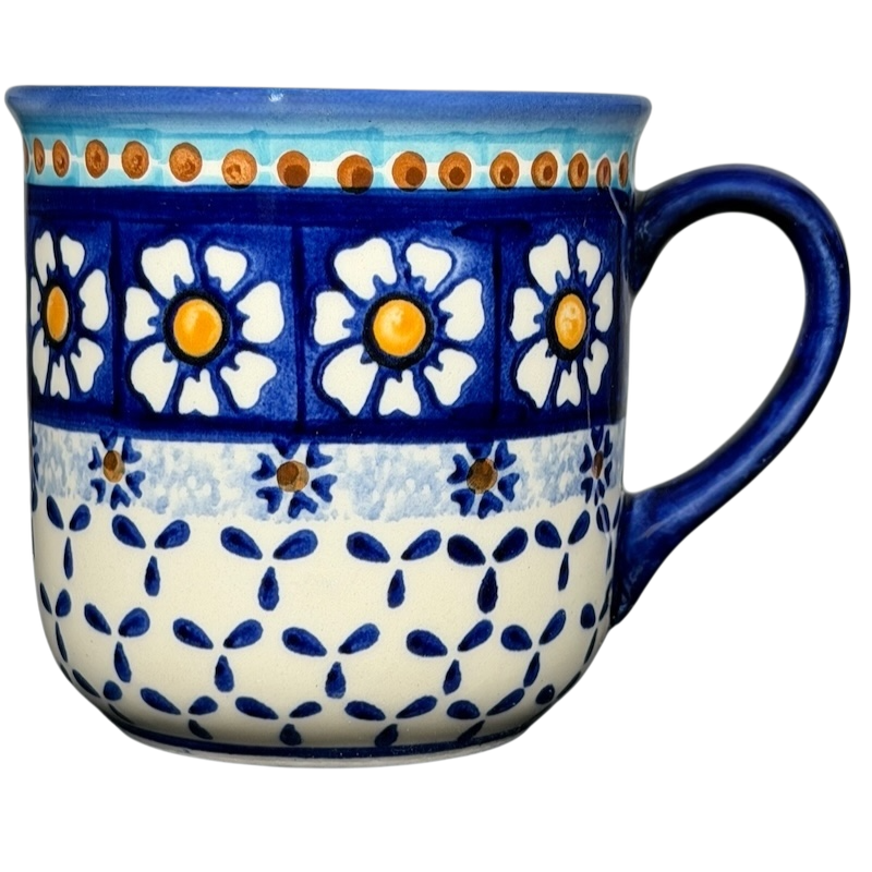 Polish Pottery Daisy Floral Boleslawiec Mug with Blue and White Floral Design