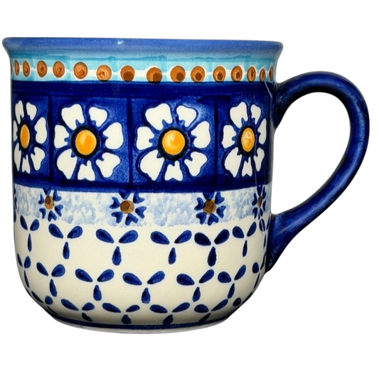 Polish Pottery Daisy Floral Boleslawiec Mug with Blue and White Floral Design