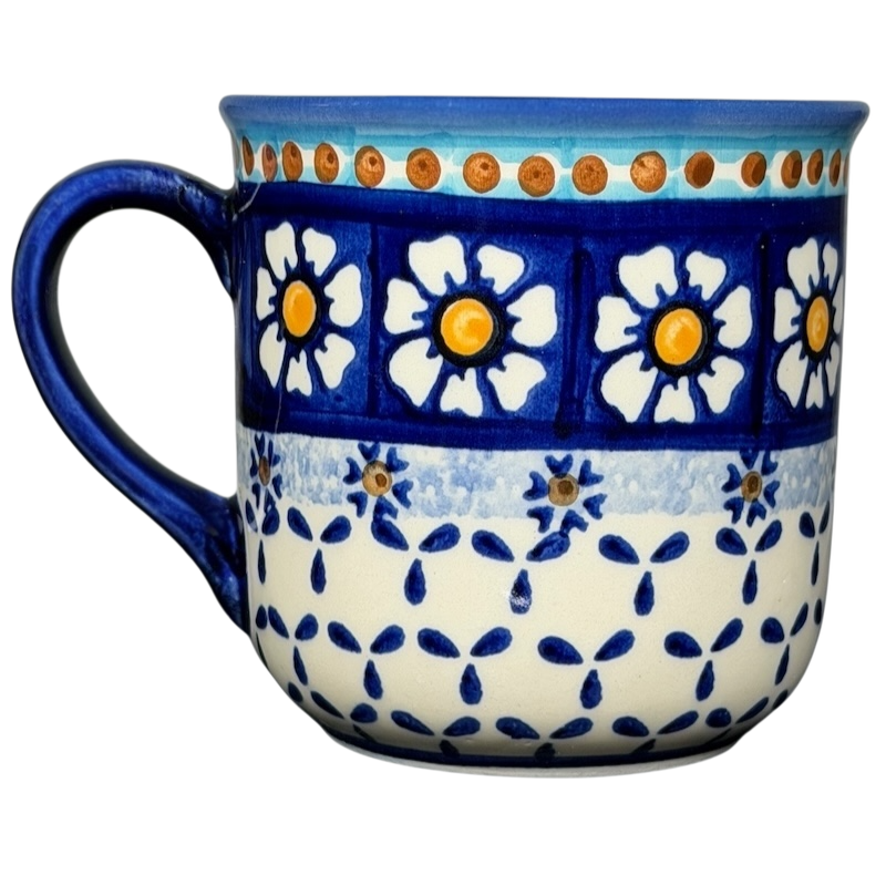 Polish Pottery Daisy Floral Boleslawiec Mug with intricate blue and white floral patterns