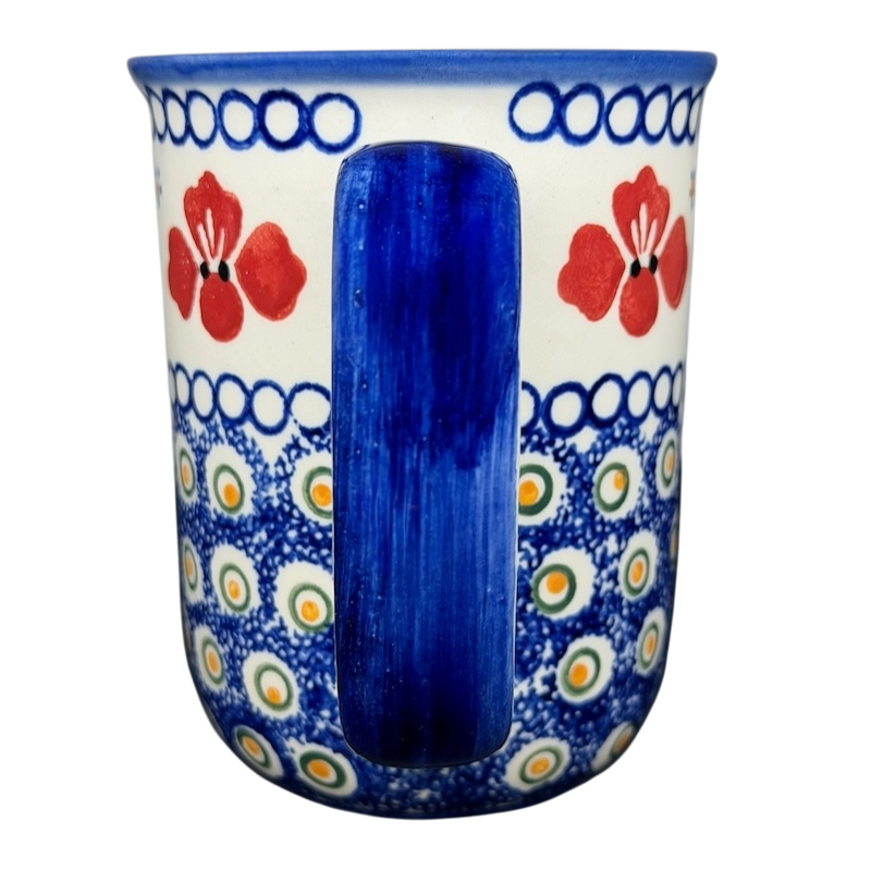 Polish Pottery Red Floral and Peacock Eye Boleslawiec mug with vibrant patterns and a sturdy handle