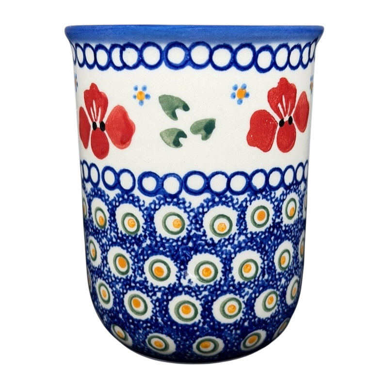 Polish Pottery Red Floral and Peacock Eye Boleslawiec mug with vibrant blue and red designs
