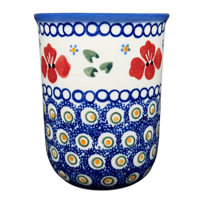 Polish Pottery Red Floral and Peacock Eye Boleslawiec mug with vibrant blue and red designs