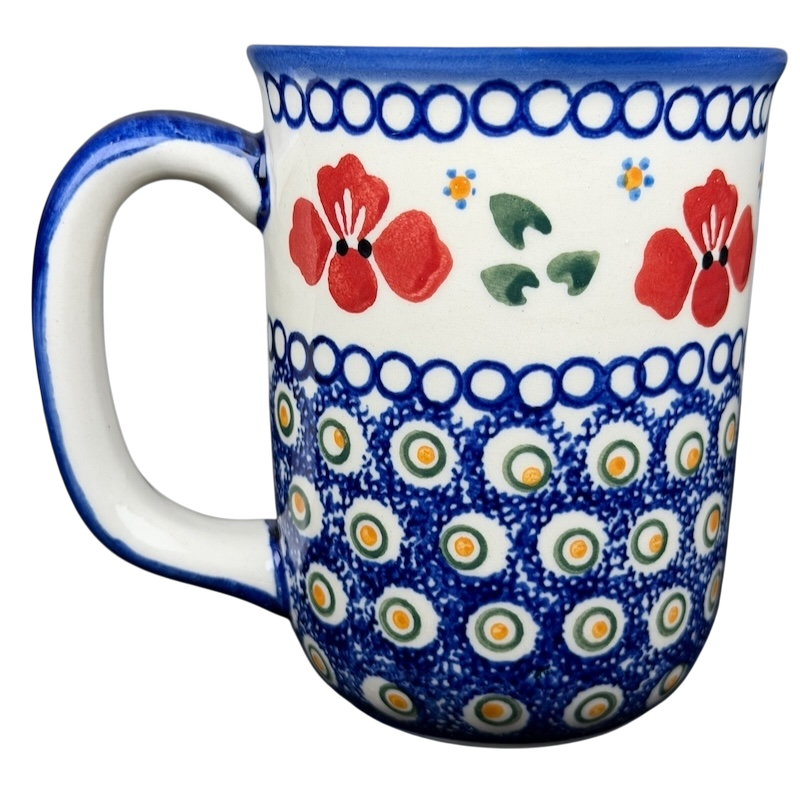 Polish Pottery Red Floral and Peacock Eye Boleslawiec mug with vibrant colors and hand-painted design
