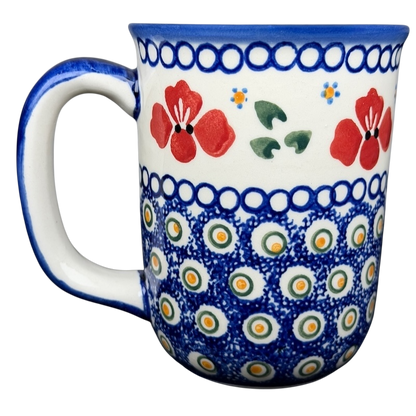 Polish Pottery Red Floral and Peacock Eye Boleslawiec mug with vibrant colors and hand-painted design