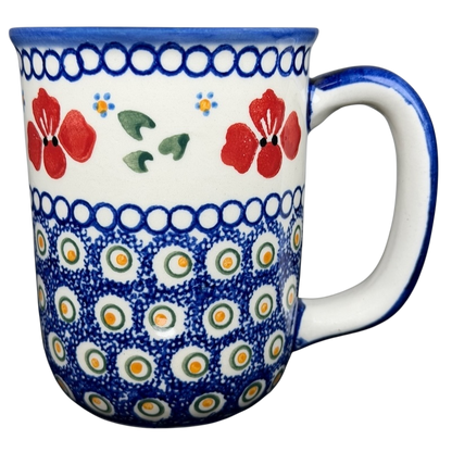 Polish Pottery Red Floral and Peacock Eye Boleslawiec mug with vibrant colors and intricate design