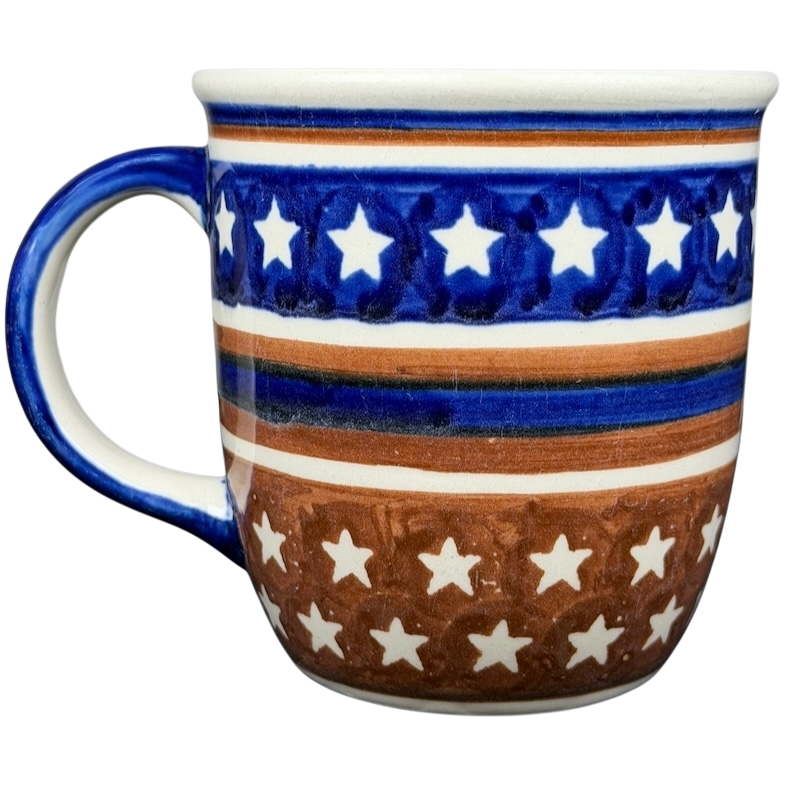 Polish Pottery Star Spangled Mug with Blue and Brown Stars Pattern, Perfect for Enjoying Your Favorite Beverages