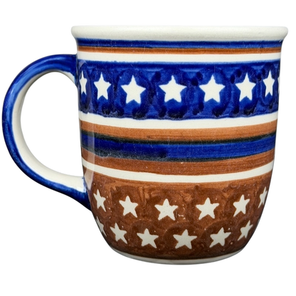 Polish Pottery Star Spangled Mug with Blue and Brown Stars Pattern, Perfect for Enjoying Your Favorite Beverages