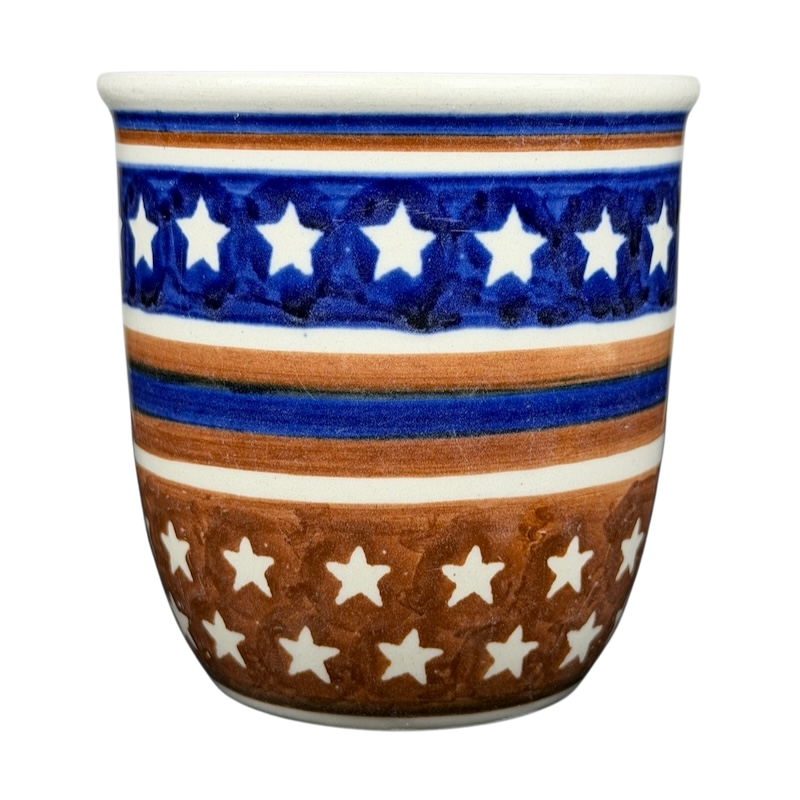 Polish Pottery Star Spangled Mug in blue and brown with star patterns for celebration and everyday use