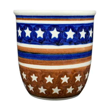 Polish Pottery Star Spangled Mug in blue and brown with star patterns for celebration and everyday use