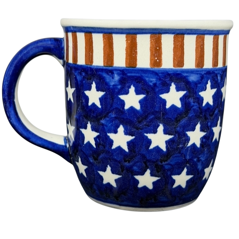 Polish pottery stars and stripes mug with blue, white stars, and red stripes design