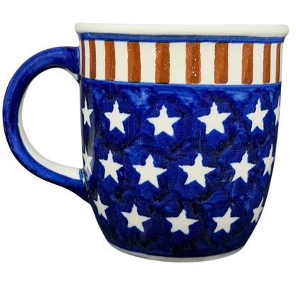 Polish pottery stars and stripes mug with blue, white stars, and red stripes design