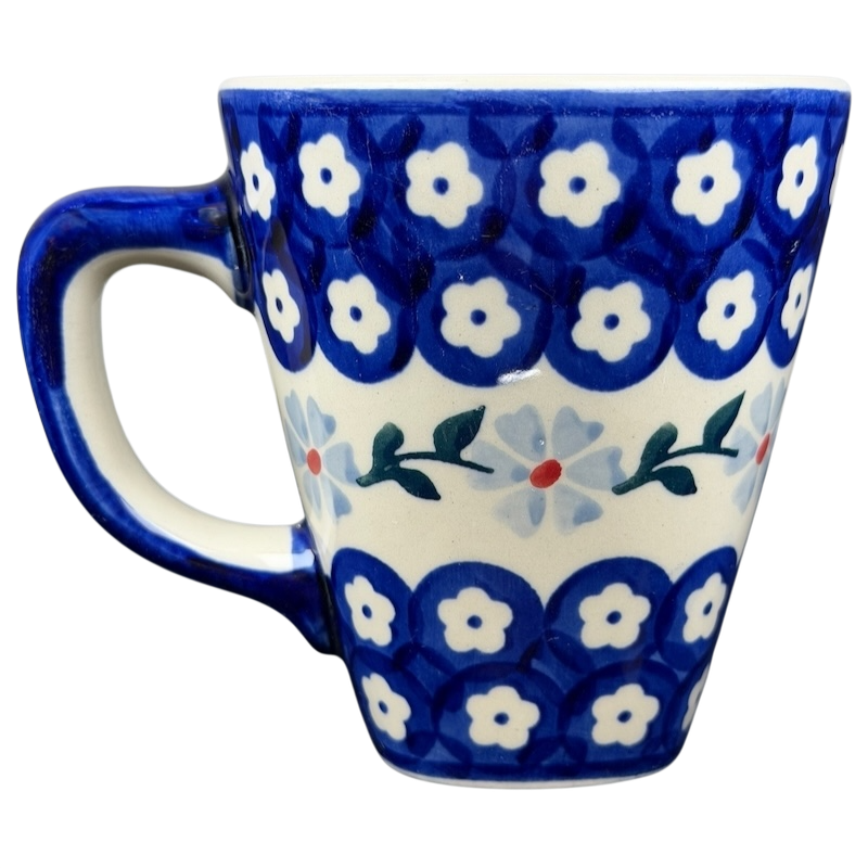 Polish Pottery Tapered Floral Boleslawiec Mug with Blue and White Flower Design