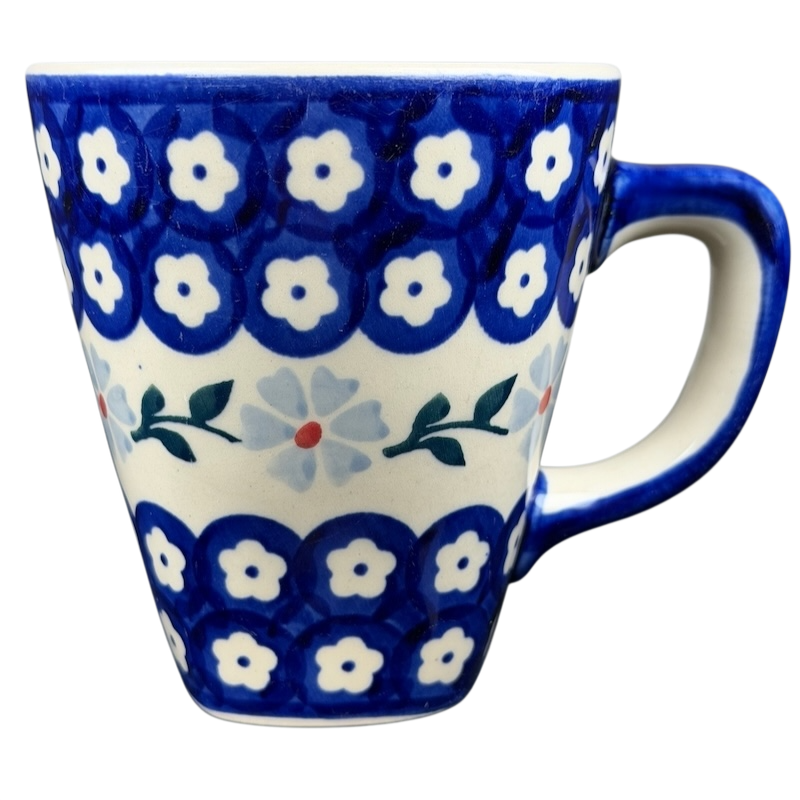 Polish Pottery Tapered Floral Boleslawiec Mug with Blue Floral Design and Durable Handle