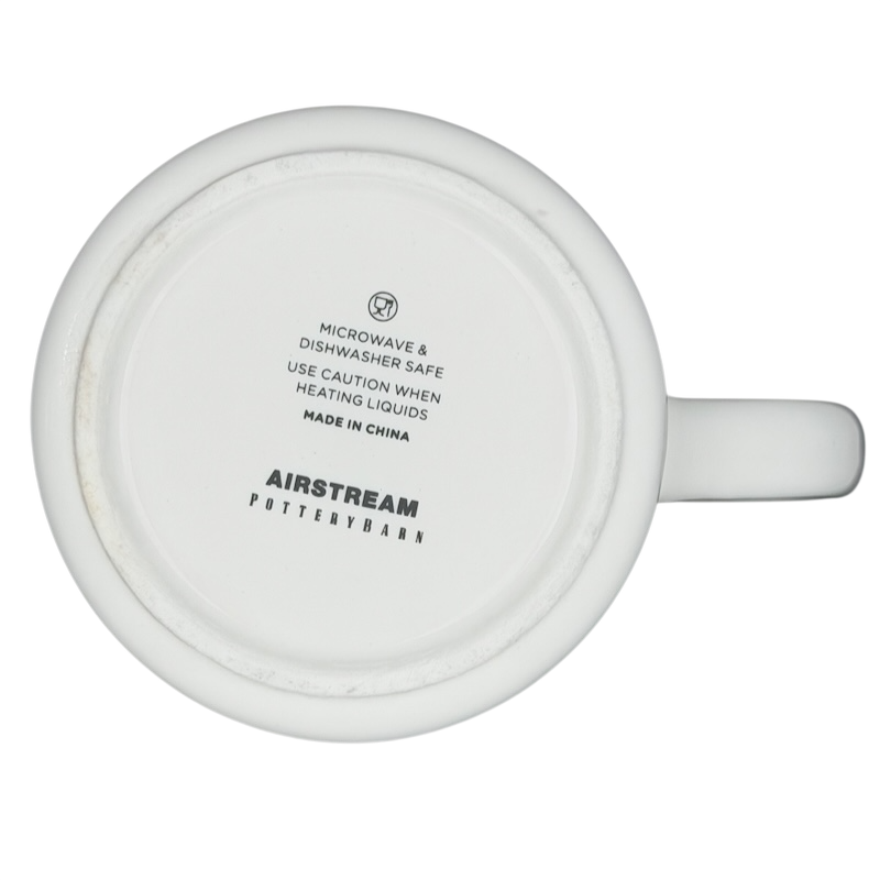 Bottom view of Airstream Always Home Mug Pottery Barn showing dishwasher safe label and care instructions