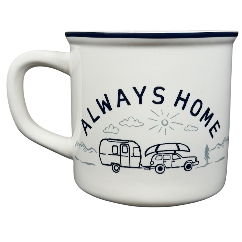 Airstream Always Home Mug Pottery Barn featuring a vintage camper design with a car and mountains