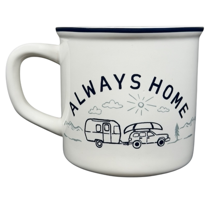 Airstream Always Home Mug Pottery Barn featuring a vintage camper design with a car and mountains