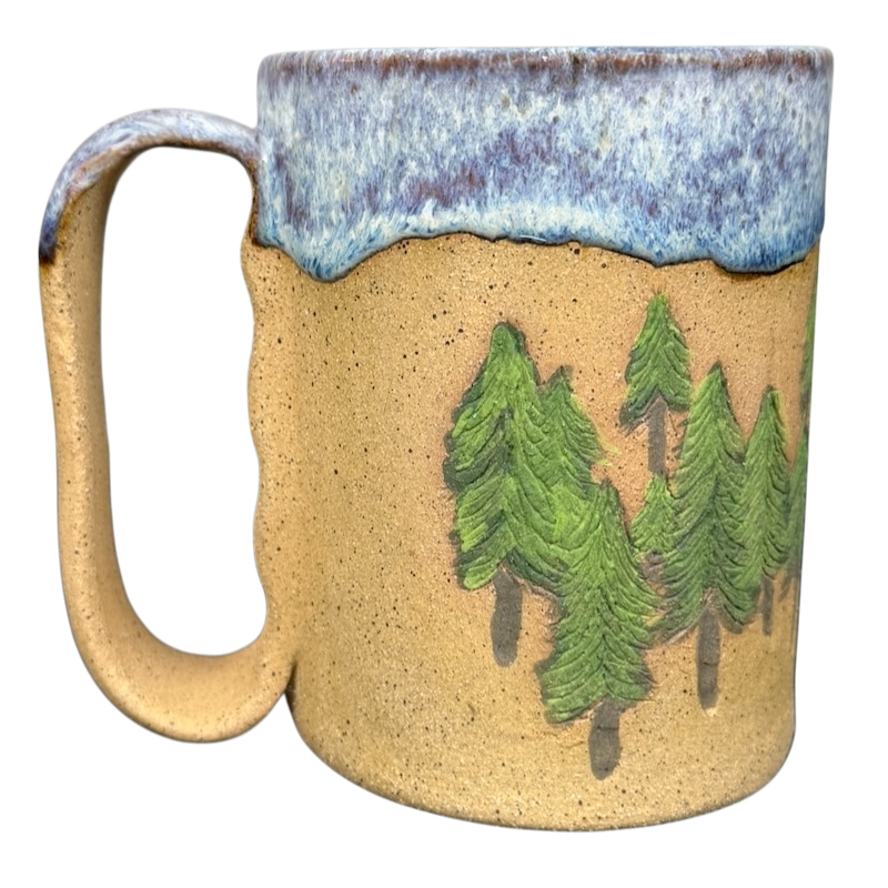 Pine Tree Rustic Drip Glaze Pottery Mug with Handcrafted Green Pine Trees and Earthy Finish