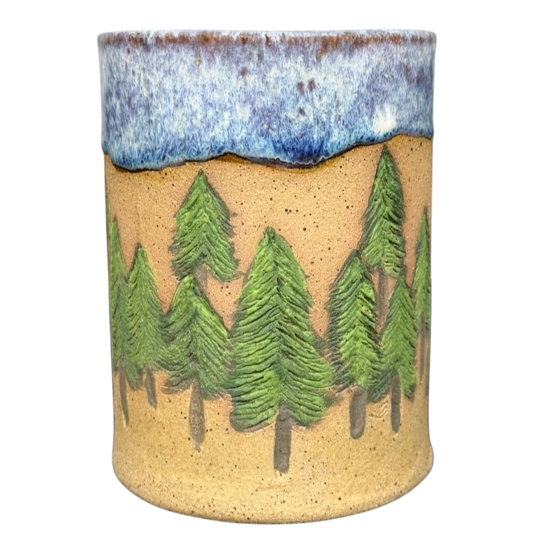 Pine Tree Rustic Drip Glaze Pottery Mug with Green Tree Design and Blue Top Glaze for Unique Style