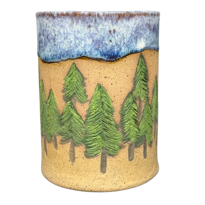 Pine Tree Rustic Drip Glaze Pottery Mug with Green Tree Design and Blue Top Glaze for Unique Style