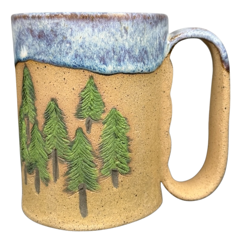 MSM Creations Pine Tree Rustic Drip Glaze Pottery Mug with a textured forest design