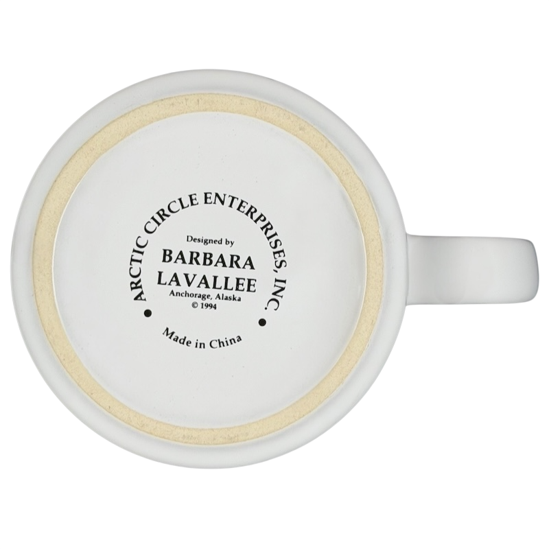 Bottom view of Puffins Barbara Lavallee Mug by Arctic Circle Enterprises with logo and design details