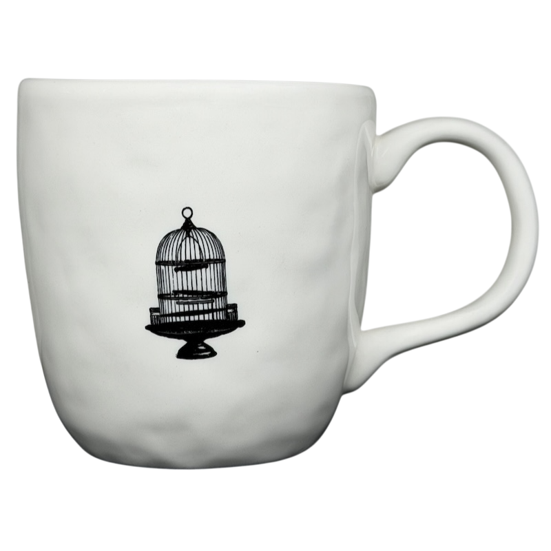 Rae Dunn birdcage mug featuring a simple black birdcage design on a white ceramic surface