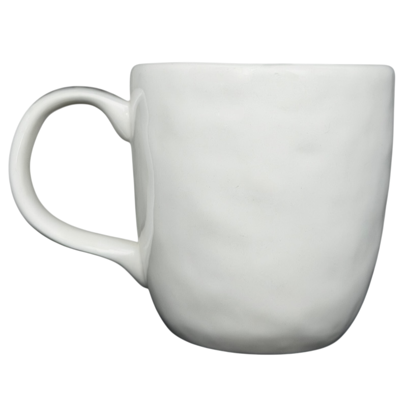 Rae Dunn birdcage mug in white ceramic with textured design and comfortable handle