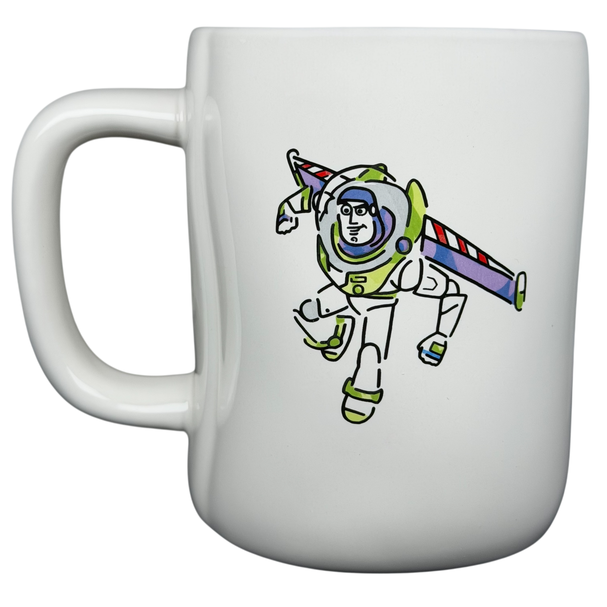 Rae Dunn Buzz Lightyear Pixar Disney mug featuring a playful Buzz Lightyear design