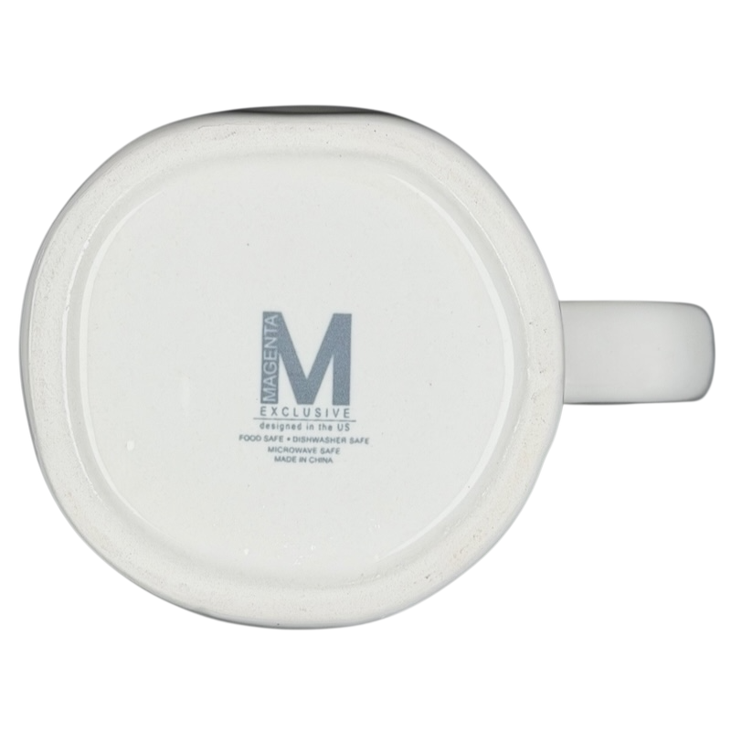 Bottom view of Rae Dunn CALM mug Magenta exclusive with food-safe label and dishwasher safe information
