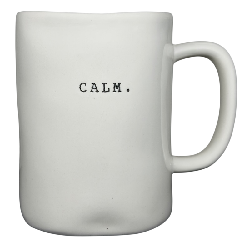 Rae Dunn CALM mug Magenta exclusive in white with minimalist design for coffee lovers