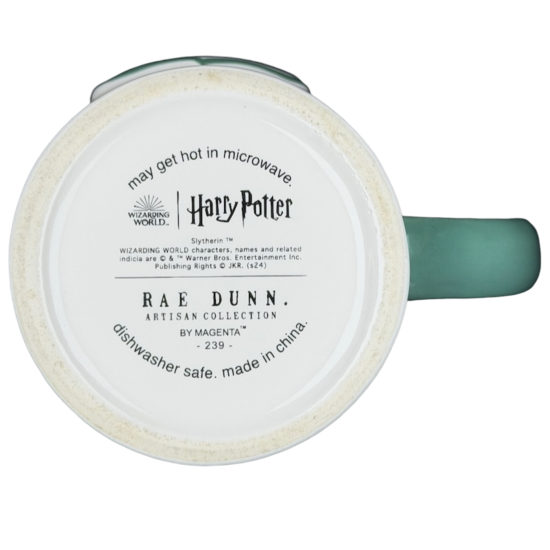 Rae Dunn Harry Potter Slytherin mug with a green handle and embossed lettering