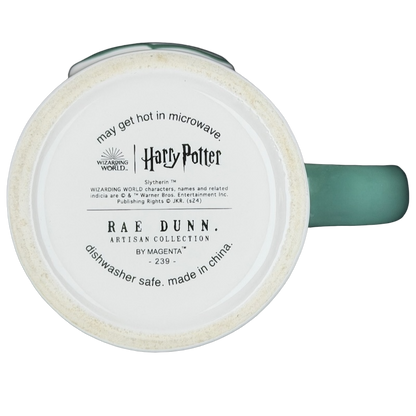 Rae Dunn Harry Potter Slytherin mug with a green handle and embossed lettering
