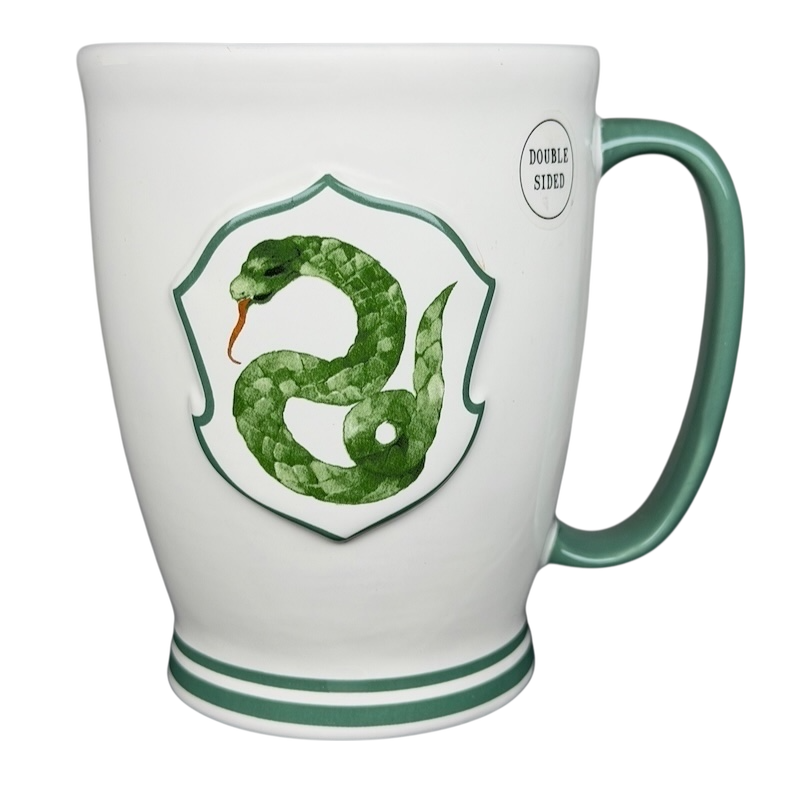 Rae Dunn Harry Potter Slytherin mug featuring a green snake design on both sides