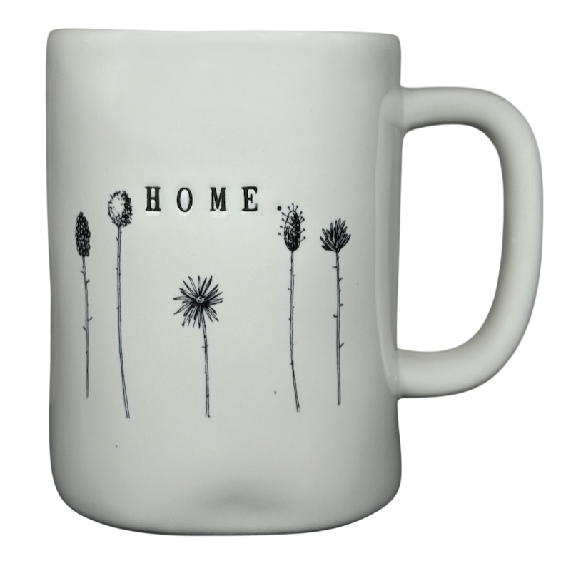 Rae Dunn Magenta HOME wildflowers mug featuring a simple floral line drawing design