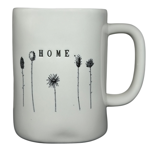 Rae Dunn Magenta HOME wildflowers mug featuring a simple floral line drawing design