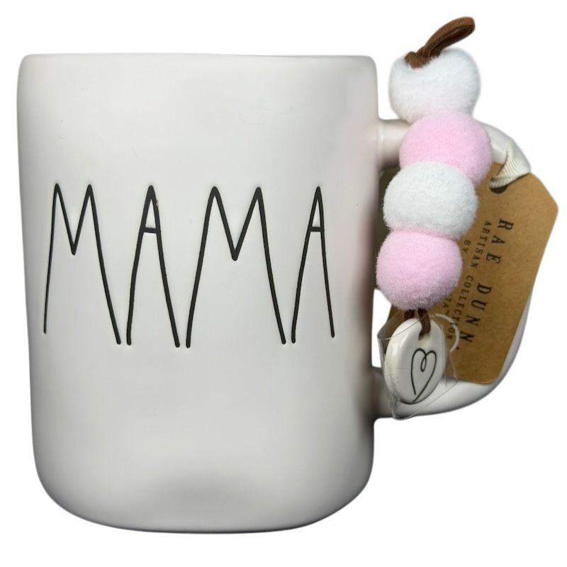 Rae Dunn MAMA Mug Magenta in white ceramic with modern lettering and decorative charm
