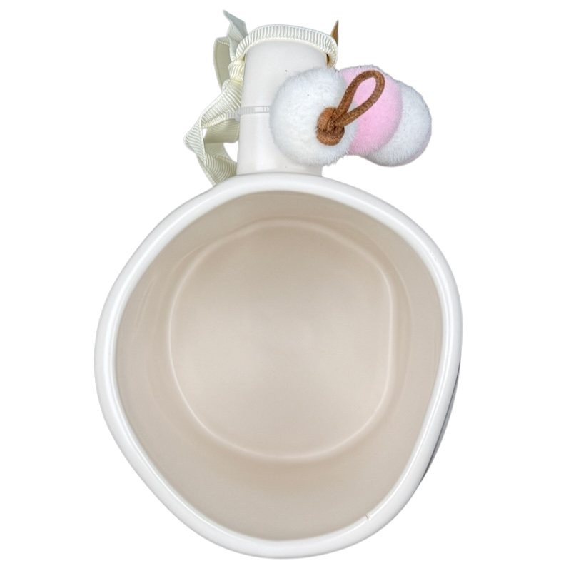 Rae Dunn MAMA Mug Magenta with white ceramic design and decorative pom poms for stylish coffee lovers