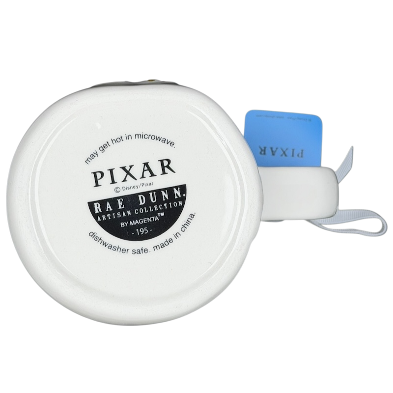 Bottom view of Rae Dunn Toy Story Embossed Woody Disney Pixar mug featuring the Pixar logo and care instructions
